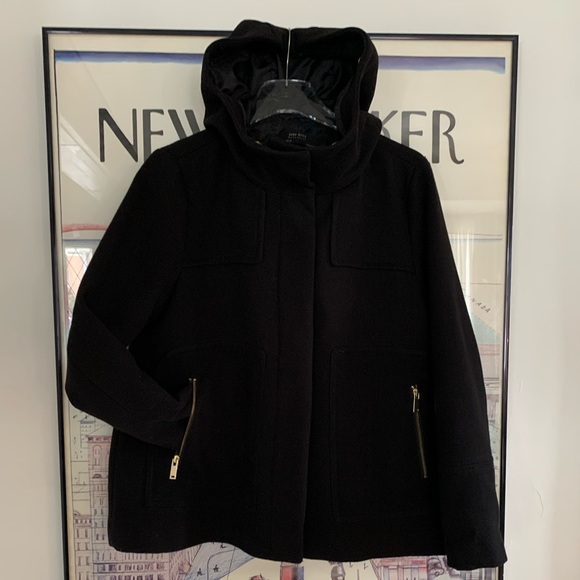 Zara black ‘wool’ jkt with brown faux fur hood (removable) gold zips size L - Picture 8 of 15